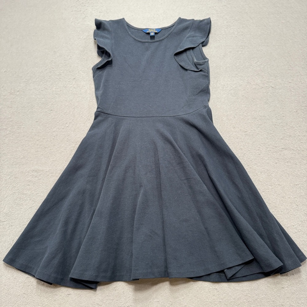 Polo Ralph Lauren Dress Girl's XL Navy Blue Fit and Flare Ruffle Sleeveless Chic